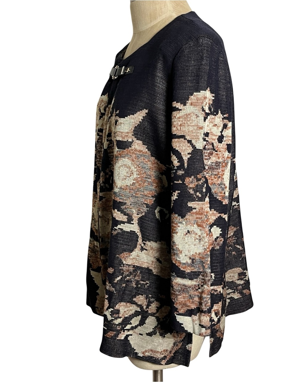 Misook Size Large Abstract Floral Jacquard Knit Jacket Buckle Art to Wear - Picture 3 of 10